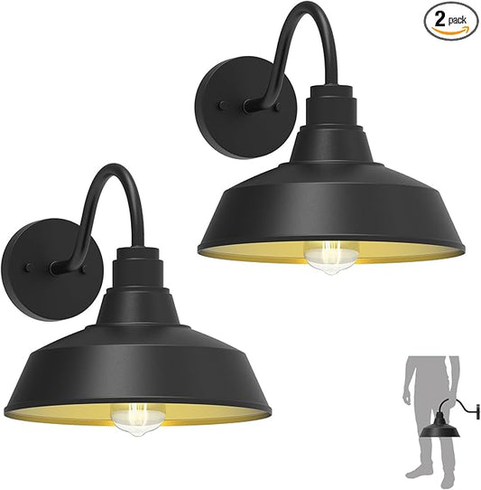 12.4" Dome Gooseneck Barn Light, Outdoor Anti-Rust&Waterproof Farmhouse Wall Sconce, Outdoor Wall Lanterns for Porch/Patio, E26 Base 100W Max(Black 2-Pack Exterior Lighting Fixtures)