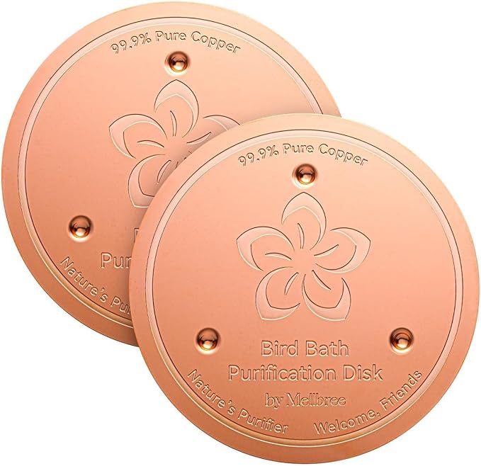 Mellbree 2-Pack Bird Bath Copper Disc, 0.6mm Reinforced 99.99% Pure Copper Cleaning Disk with Triple-Point Support for Physical Safe Clean Water, Universal Fit for Outdoor Birdbaths, Bowl (Flower)