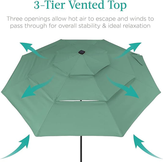 Best Choice Products 10ft 3-Tier Solar Patio Umbrella, Outdoor Market Sun Shade for Backyard, Deck, Poolside w/ 24 LED Lights, Tilt Adjustment, Easy Crank, 8 Ribs - Seaglass