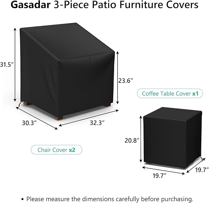 Gasadar Outdoor Furniture Cover Waterproof,3 Piece Patio Furniture Set Cover for Outside Chairs and Coffee Table,Windproof,Black