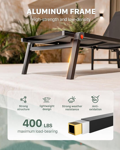 Aluminum Chaise Foldable Patio Lounge Chair Outdoor, Metal Deck Lounger Adjustable 5-Position Recliner Pool Chase Breathable Full Flat Outside Sun Tanning Chairs for Beach/Poolside/Lawn(Black, 2 Pack)