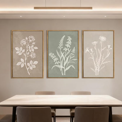 Anyzal Large Framed Boho Botanical Wall Art 16x24 Inch Neutral Plant Canvas Wall Decor Minimalist Floral Farmhouse Painting for Living Room Bedroom Dining Room Set of 3