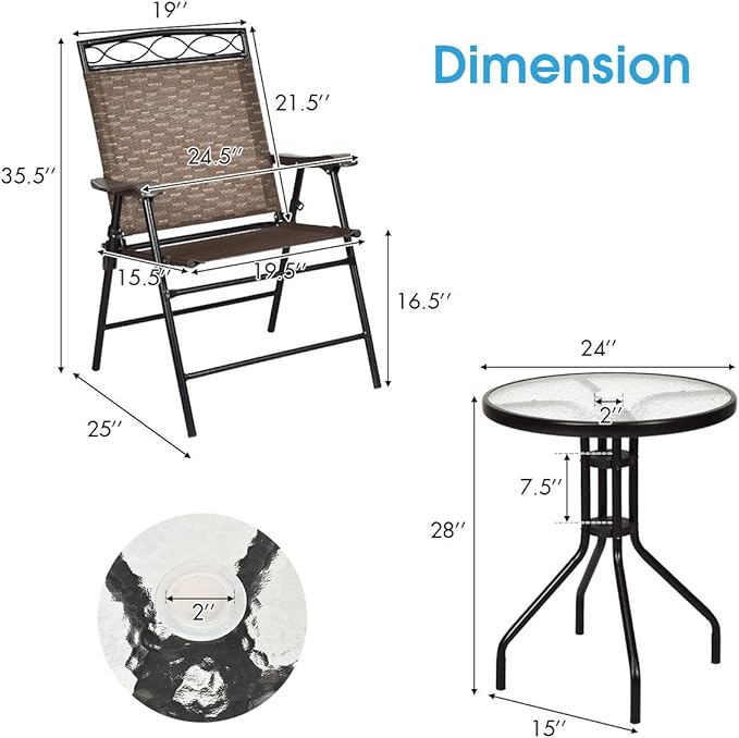 S AFSTAR 3-Piece Bistro Set, Patio Dining Furniture Set, Round Textured Glass Tabletop w/Umbrella Hole, Outdoor Conversation Set for Backyard Garden Poolside