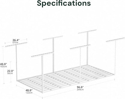 SunsGrove 4x8 Garage Storage Overhead Rack Organization, Adjustable Ceiling Mounted Storage Racks, 800LBS Weight Capacity, 22"-40" Ceiling Dropdown, 2 Pcs, White