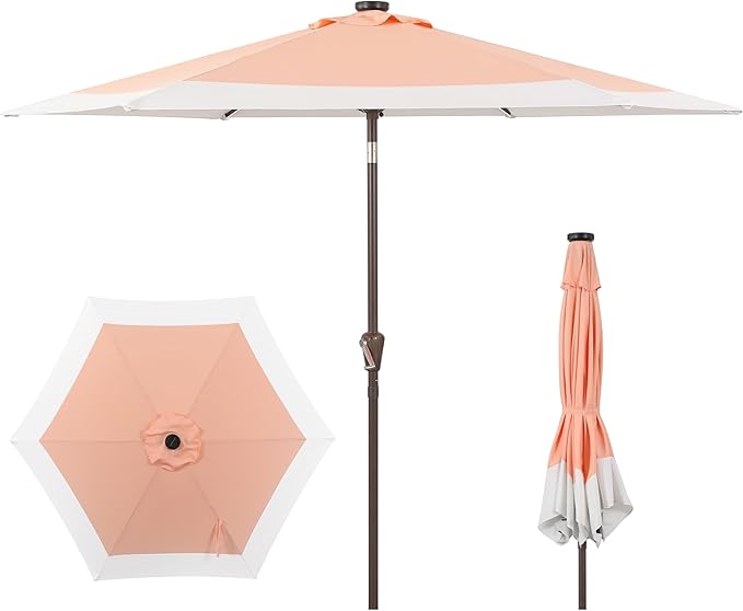 JONATHAN Y UMB1100D Spencer 9 ft. Classic Coastal 2-Tone Solar LED Market Patio Umbrella with 12 LED Strip Lights, Auto-Tilt, Crank and UV Protection in Coral Pink/White