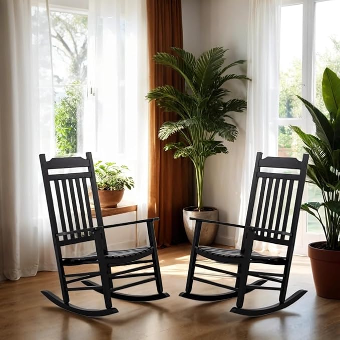 Patio Black Outdoor Rocking Chairs Set of 2 Black Wooden Porch Rockers Furniture for Audlt Indoor Outside Balcony Garden Backyard Lawn Bistro and Lounge