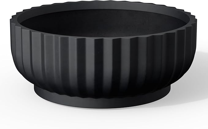 Kante Round Fulted Bowl Planter, 14.6 Inch Dia Large Concrete Flower Pots with Drainage Hole and Rubber Plug, Suitable for for Indoor Outdoor Plants, Home, Patio, Garden, Black