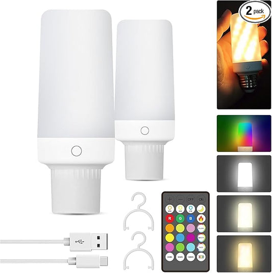 2PK Rechargeable Light Bulbs with Remote and Timer, Emergency Battery Operated Light Bulb for Lamp Sconce, Socket USB, 3 Color Temperatures + 12 RGB Colors Dimmable