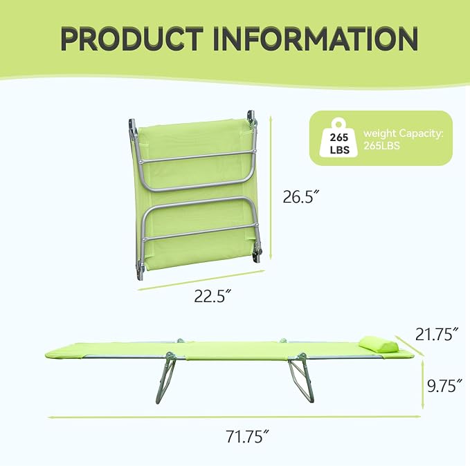 Outdoor Chaise Lounge with Detachable Pillow, Reclining Folding Chair with 5-Position Adjustable Back, Portable Tanning Chair for Beach, Pool, Lawn, Breathable Mesh Seat, No Assembly
