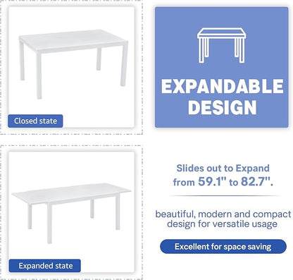 Soleil Jardin 9-Piece Outdoor Patio Dining Set, 59" - 83" Aluminum Expandable Outdoor Dining Table Set for 8, 8 Stackable Chairs with Gray Removable Cushions, White