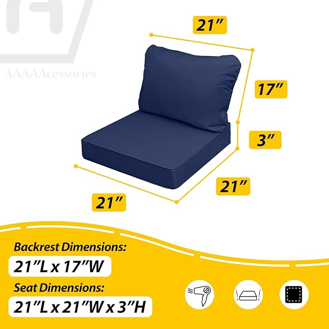 AAAAAcessories Outdoor Seat Cushions for Chairs, Fade-Resistant, Waterproof Patio Furniture Replacement Cushions, 21" x 21" x 3" + 21" x 17", Navy Blue