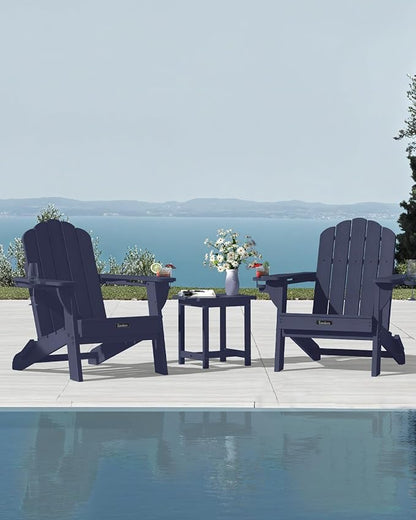 Adirondack Chairs Set of 2, HDPE Material Fire Pit Chairs, Plastic Adirondack Chairs with 2 Cup Holder, Outdoor Lawn Chair for Patio Garden, Dark NavyBlue