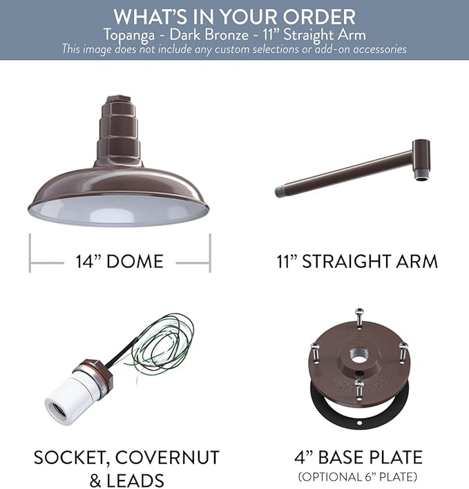 Steel Lighting Co. Topanga Barn Light | Outdoor Wall Mounted | Farmhouse Garage Light Made in America | 14 inch Dome | 11 inch Straight Arm | Dark Bronze Exterior/White Interior
