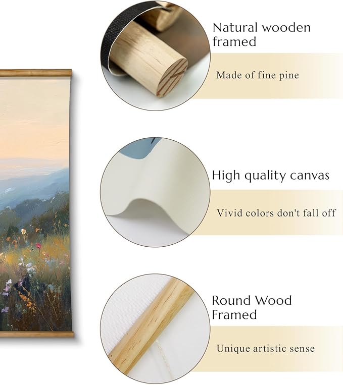 VIYYIEA Extra Large Size Canvas Wall Art, 36x54 Inch Sunset Mountain Valley with Wildflowers Scroll Painting, Oversized Landscape Wall Hanging for Living Room, Bedroom, or Cabin Decor