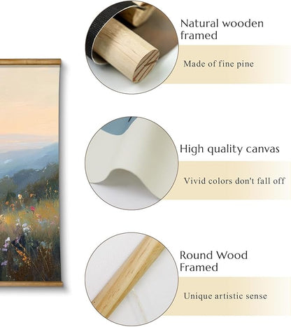 VIYYIEA Extra Large Size Canvas Wall Art, 36x54 Inch Sunset Mountain Valley with Wildflowers Scroll Painting, Oversized Landscape Wall Hanging for Living Room, Bedroom, or Cabin Decor