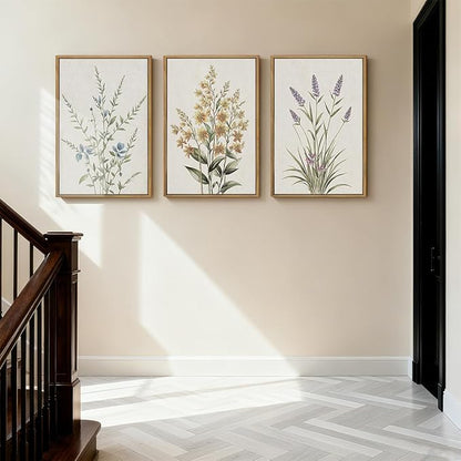 Anyzal Large Framed Botanical Wall Art 16x24 Inch Modern Floral Canvas Art Prints Neutral Beige Wildflower Wall Decor for Living Room Bedroom Dining Room Office Set of 3