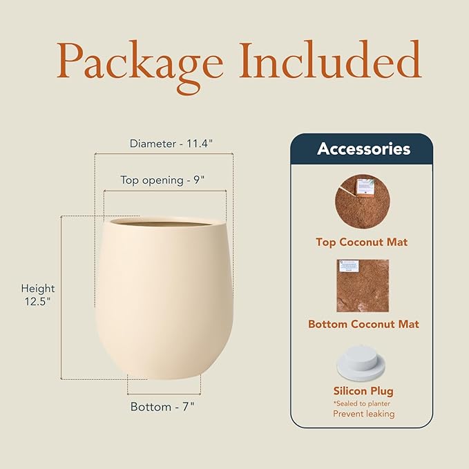 KUTE NEST 12.5" H x 11.4" D Premium Corso Fiberstone Round Tapered Planter with Drainage Hole, Smooth Finishes, Weather Resistant, Included 2 Extra Coco Mats (Kilim Beige, 9" Pot Opening)
