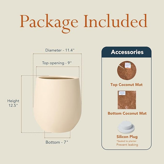 KUTE NEST 12.5" H x 11.4" D Premium Corso Fiberstone Round Tapered Planter with Drainage Hole, Smooth Finishes, Weather Resistant, Included 2 Extra Coco Mats (Kilim Beige, 9" Pot Opening)