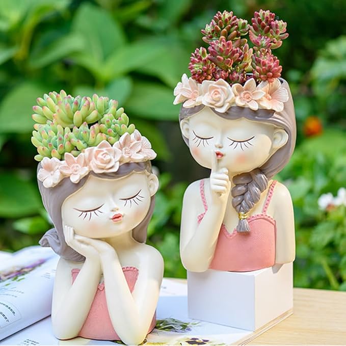 Fairy Girl face planters, Cute Succulent pots for Indoor and Outdoor Plants,Resin Head Planter Pots with Drainage Hole(Medium-Listening)