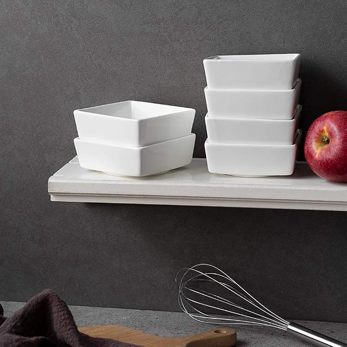 DOWAN Creme Brulee Ramekins 6 oz Oven Safe, Small Ceramic Square Ramekin, Custard Cups Souffle Baking Dish, Dipping Bowls Soy Sauce Dish Appetizer Plates, Set of 6, Soft White