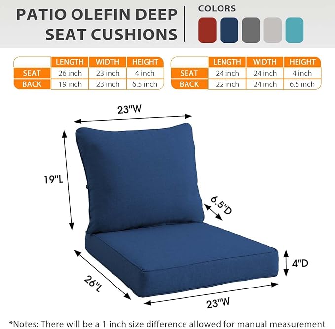 Sundale Outdoor Olefin Deep Seat Cushion Set of 2, Patio Chair Cushion and Pillow, Water-Resistant Sectional Sofa Pad with Straps Dark Blue, 23 x 26 x 4 Inches