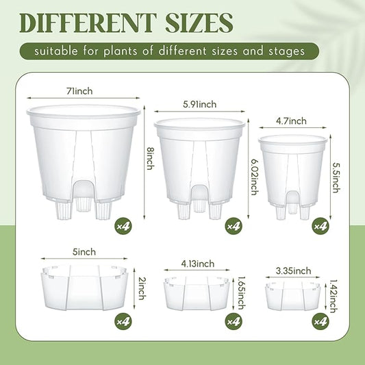 Wonderjune Self Watering Pots for Indoor Plants with Deep Reservoir and High Drainage Holes for Outdoor Plants and Flowers, Bare Root Planter(4.72'', 5.91'', 7.09'',Clear,12 Pcs)