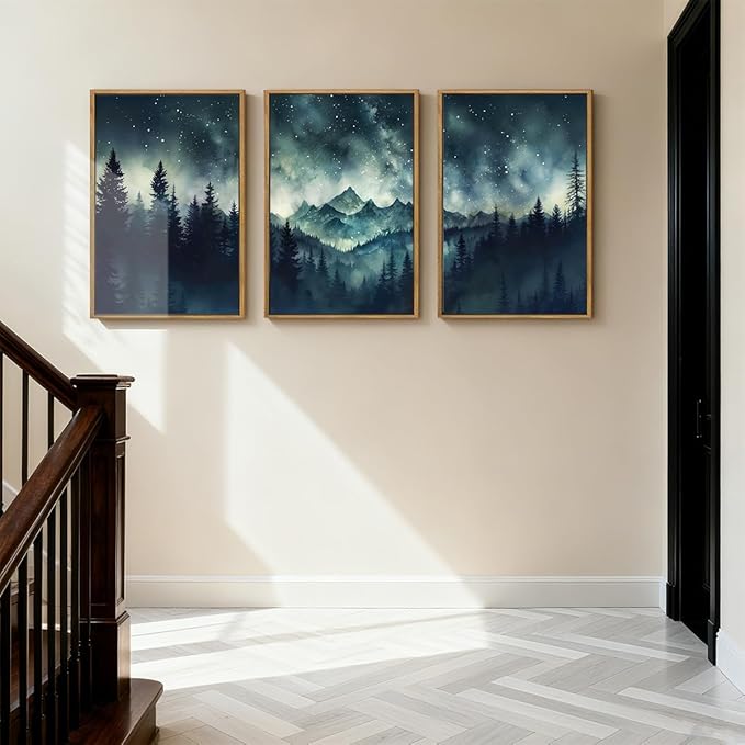 Large Mountain Framed Wall Art 16x24 Inch Dark Forest Starry Sky Canvas Wall Decor Modern Nature Wilderness Art Print for Living Room Bedroom Office Set of 3