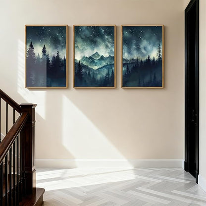 Large Mountain Framed Wall Art 16x24 Inch Dark Forest Starry Sky Canvas Wall Decor Modern Nature Wilderness Art Print for Living Room Bedroom Office Set of 3