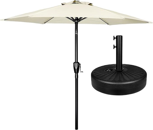 Simple Deluxe 7.5' Patio Umbrella with 20 Inch 50lbs Capacity Fillable Round Base, 6 Sturdy Ribs with Push Button Tilt/Crank for Garden, Deck, Backyard, Pool, Creamy White and Black