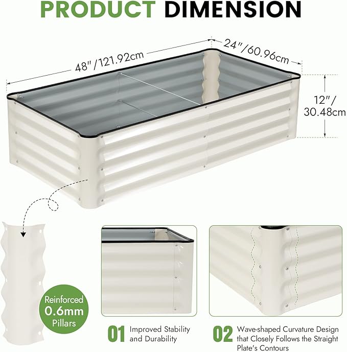 INNO STAGE Galvanized Raised Garden Bed Kits, 4x2x1ft Metal Raised Garden Beds Outdoor, Steel Raised Planter Bed with Gloves for Vegetables & Flowers Patio Ground Planter Box (White, 2PCS)