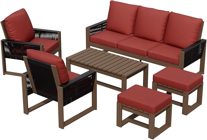Rustic Hideaway Natural Cedar Wood Outdoor Furniture Set, Wicker Patio Conversation Set for Porch Garden Backyard, Couch, 2 Patio Chairs, Coffee Table and 2 Ottomans, 6 Piece, Brownish/Red