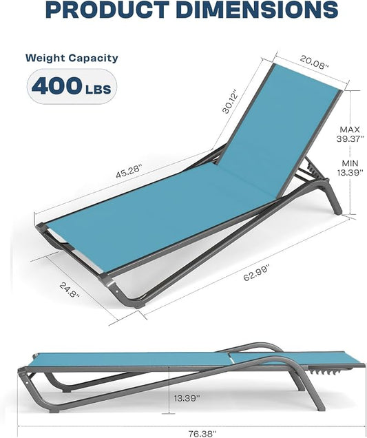 3-Piece Patio Chaise Lounge Set with Side Table, Set of 2 Adjustable Pool Chairs and Aluminum Bistro Table, All-Weather Outdoor Furniture for Pool Deck, Patio & Tanning, Sky Blue