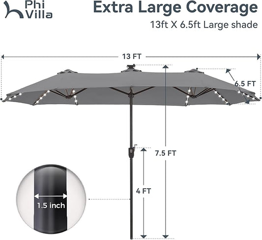 PHI VILLA 13ft Patio Umbrella with 120 PCS Solar-Powered LED Color-Changing Lights, Double-Sided Large Rectanglular Umbrella Outdoor for Table with Crank Lift,Light Grey(No Base)