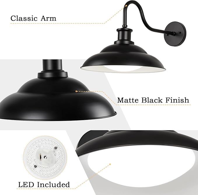 LED Outdoor Barn Lights, 12 Inch Farmhouse Exterior Wall Light Fixtures with Adjustable Color Temperature, Black Porch Lights Outside for House, Outdoor & Indoor, White Interior, 1 Pack