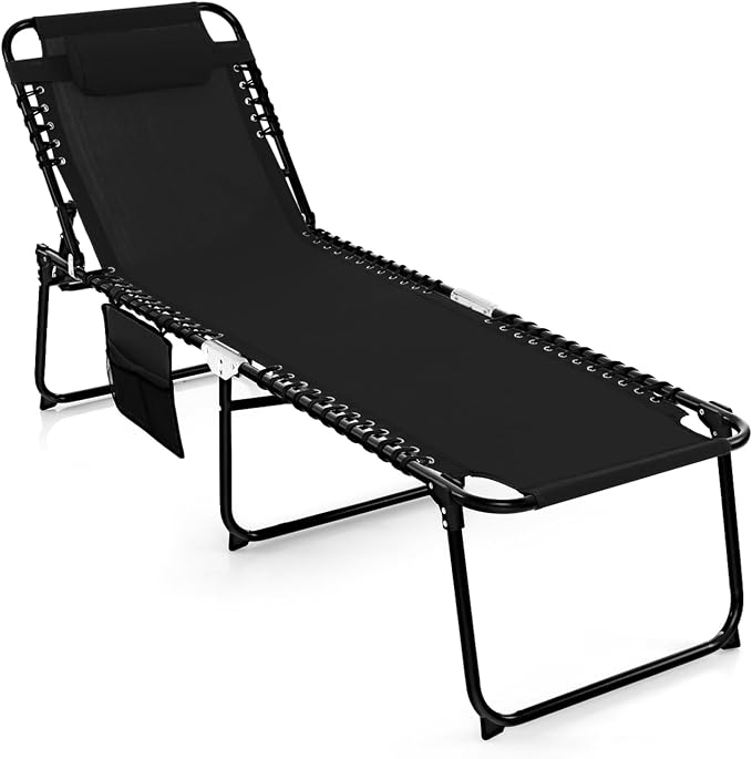 COSTWAY Folding Chaise Lounge Chair, Foldable Pool Lounger with 4-Position Adjustable Backrest, 2-Position Footrest & Soft Pillow, Patio Tanning Chair for Beach, Poolside (1, Black)