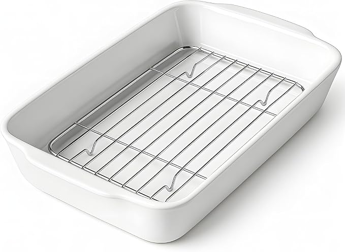 HOMBENE 2 QT Small Ceramic Baking Dish, White Casserole Dish with Roasting Racks, Lasagna Pan for Oven, Ceramic Baking Pan, Kitchen Decor, Microwave Oven Safe, Dinner, Wedding (7.6" x 12.3")
