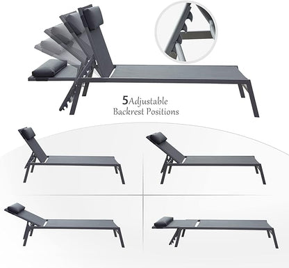 Domi Patio 3 Pieces Aluminum Textilene Chaise Lounge Set with Side Table Outdoor,Adjustable Back&Pillow for Yard,Garden,Sunbathing,for All Seasons,Gray