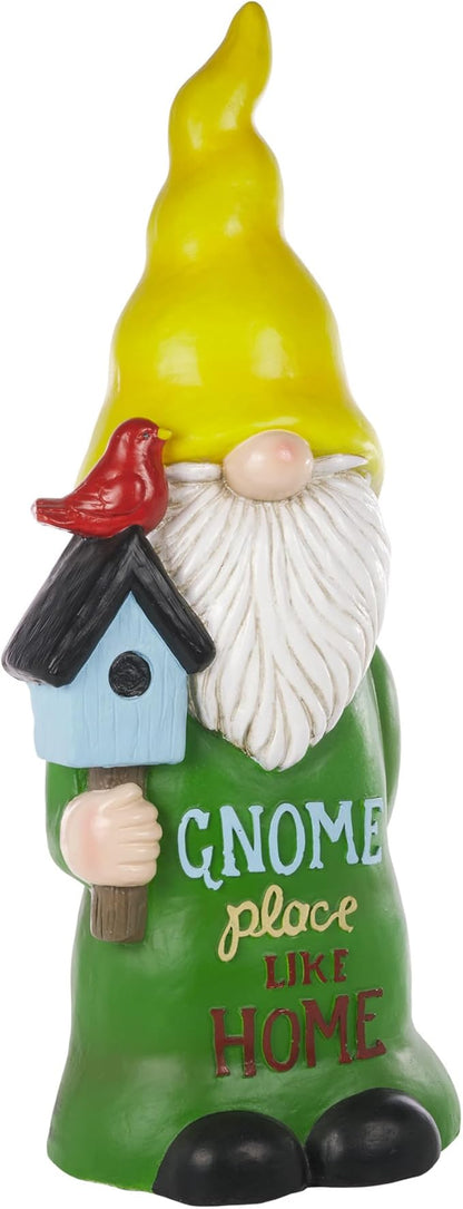 Alpine Corporation 24" Tall Outdoor Yellow Hat Place Like Home Gnome Statue Holding Bird House, Weatherproof Garden Decor