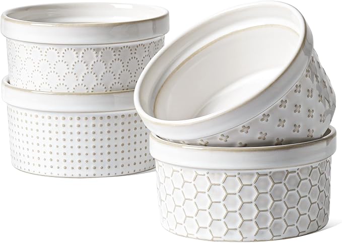 LE TAUCI Ramekins 12 oz, Ramiken for Creme Brulee, Souffle, Dipping Sauce, Ceramic Embossment Housewaming Present -4.8 inch, Set of 4, Arctic White