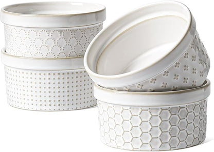 LE TAUCI Ramekins 12 oz, Ramiken for Creme Brulee, Souffle, Dipping Sauce, Ceramic Embossment Housewaming Present -4.8 inch, Set of 4, Arctic White