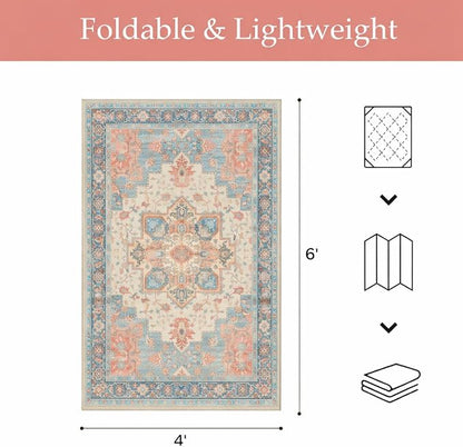 GENIMO Outdoor & Indoor Area Rug 4'x6', Waterproof, Non-Shedding, Easy Cleaning, Boho Mat for Patio, Living Room, Balcony, Dining Room, RV, Deck, Bedroom, Camping, Outside Carpet,Blue Salmon