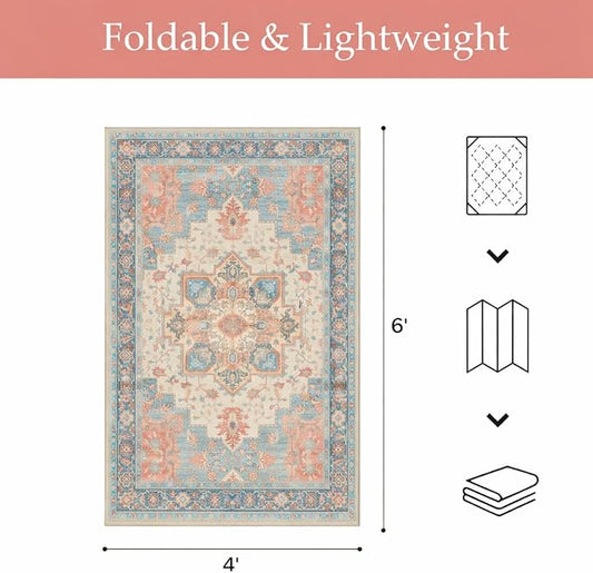 GENIMO Outdoor & Indoor Area Rug 4'x6', Waterproof, Non-Shedding, Easy Cleaning, Boho Mat for Patio, Living Room, Balcony, Dining Room, RV, Deck, Bedroom, Camping, Outside Carpet,Blue Salmon