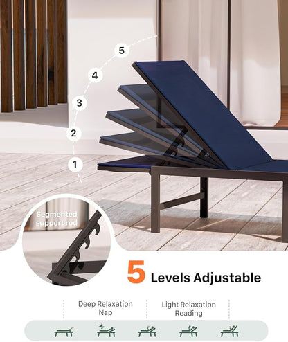 Patio Lounge Chair, Aluminum,5 Adjustable Backrest,1 Piece,NavyBlue | Lightweight rustproof aluminum.5 adjustable backrest positions.Breathable quick-dry fabric.For poolside,beach,lawn,backyard.