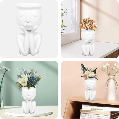 Simple and Creative Decorative Flower Pots, Resin Face Planter Pots, Vase for Small Succulent, Flower Pot Pencil Pen Holder, Minimalist Decorative, Modern Vases for Home Office Shelf Decor (White)