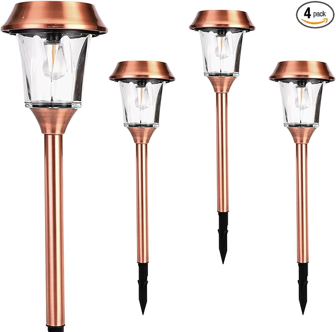 Solar Garden Lights Outdoor Waterproof, Stainless Steel & Glass Path Lamps, 12-25 LM Dimmable Dusk to Dawn Solar Powered LED Lighting, IP65 Outside Decor for Poolside, Driveway, Backyard, 4 Pack