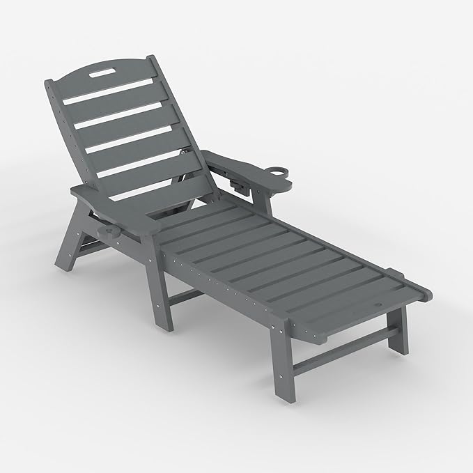 PeakPursuit Patio HDPE Chaise Lounge, Oversize 5-Position Lounge Chair with Cup Holder, Resin Pool Lounger Chair for Outside
