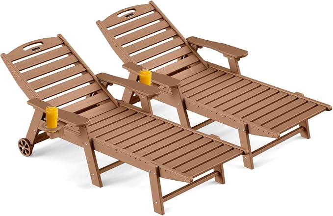 Ciokea Outdoor Chaise Lounge Chair Set of 2, Patio Lounge Chairs for Outside, HDPE Lounge Chair with Wheels & Cup Holder, Poly Chair with 5 Position for Poolside, Deck, Brown