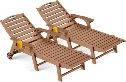 Ciokea Outdoor Chaise Lounge Chair Set of 2, Patio Lounge Chairs for Outside, HDPE Lounge Chair with Wheels & Cup Holder, Poly Chair with 5 Position for Poolside, Deck, Brown