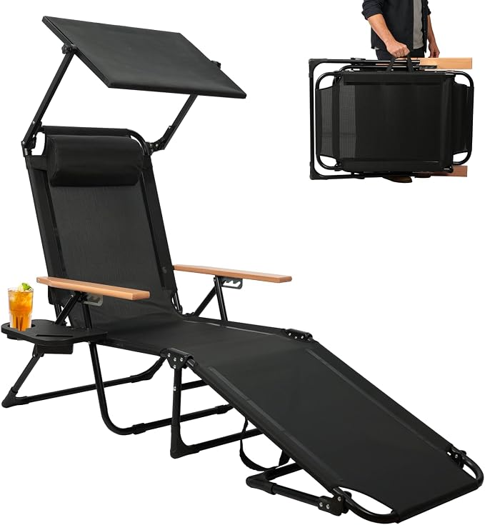 Foldable Chaise Lounge Chair Outdoor, 4-Position Reclining Outdoor Lounge Chairs with Wooden Armrest, Folding Sun Lounger with Removable Pillow for Garden Beach Patio Camp (Black with Canopy)