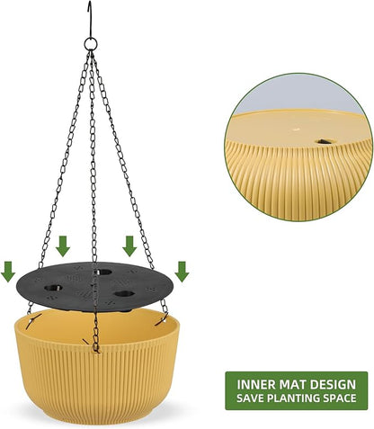 Dexceder 9.8 Inch Self Watering Hanging Planters Indoor Outdoor, Thickened Hanging Basket Flower Plant Pot (2 Pack, Yellow)